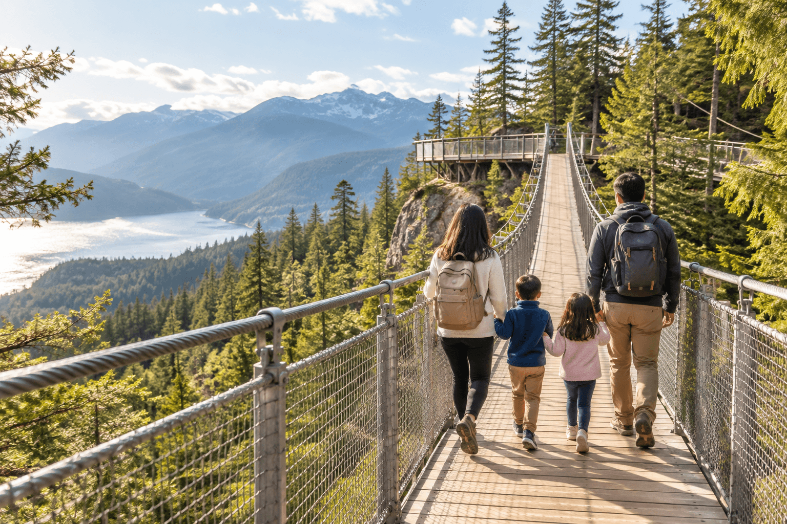 Une famille marchant main dans la main sur un pont suspendu au-dessus d'une vallée boisée et de montagnes
