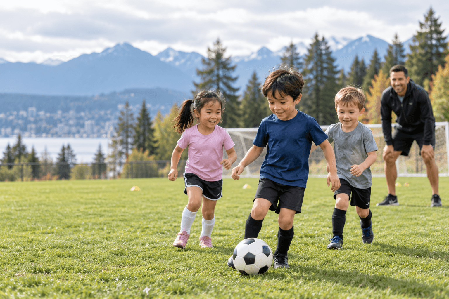 Des enfants qui jouent au soccer avec un entraîneur sur un terrain gazonné