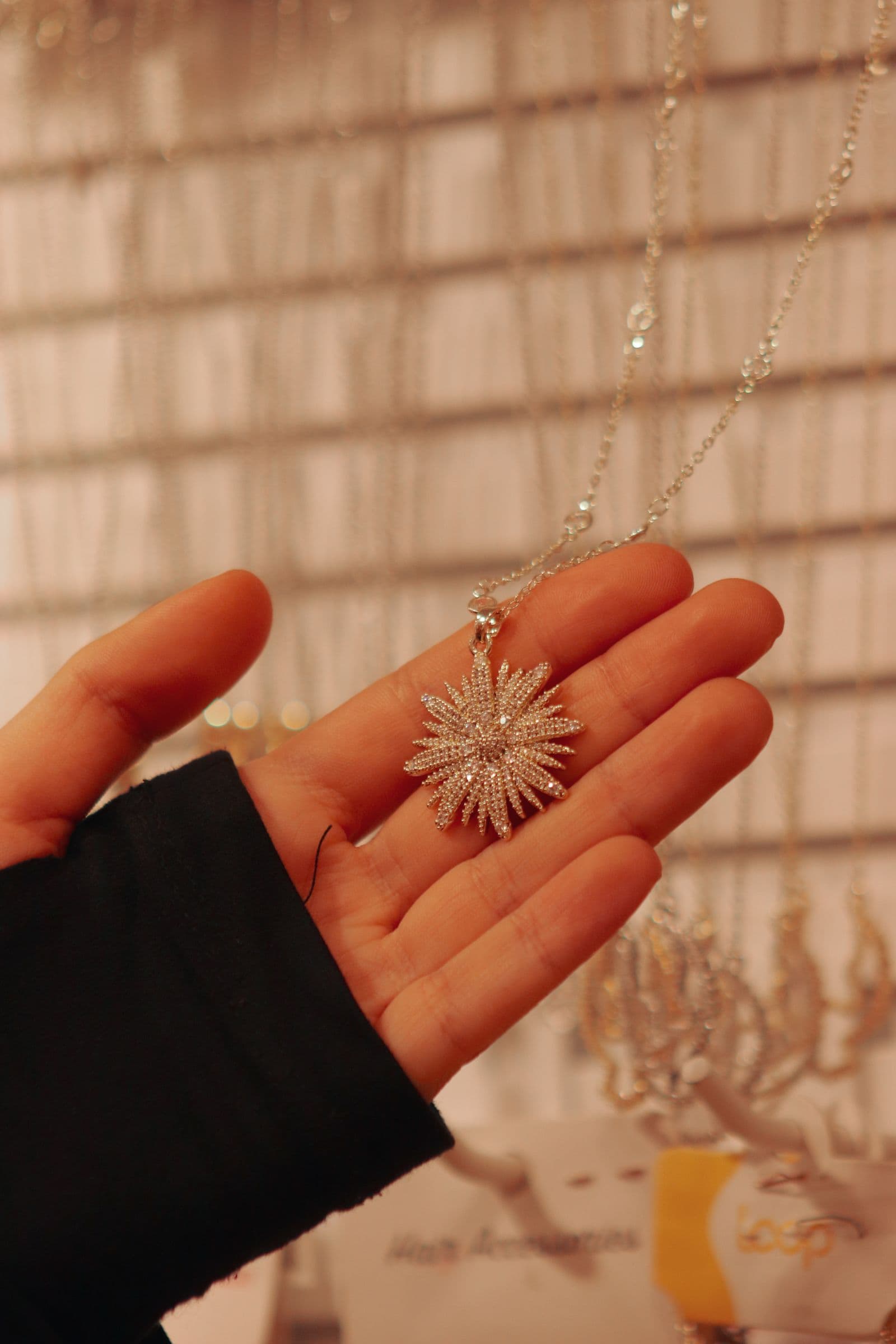 Une main qui tient un pendentif en argent
